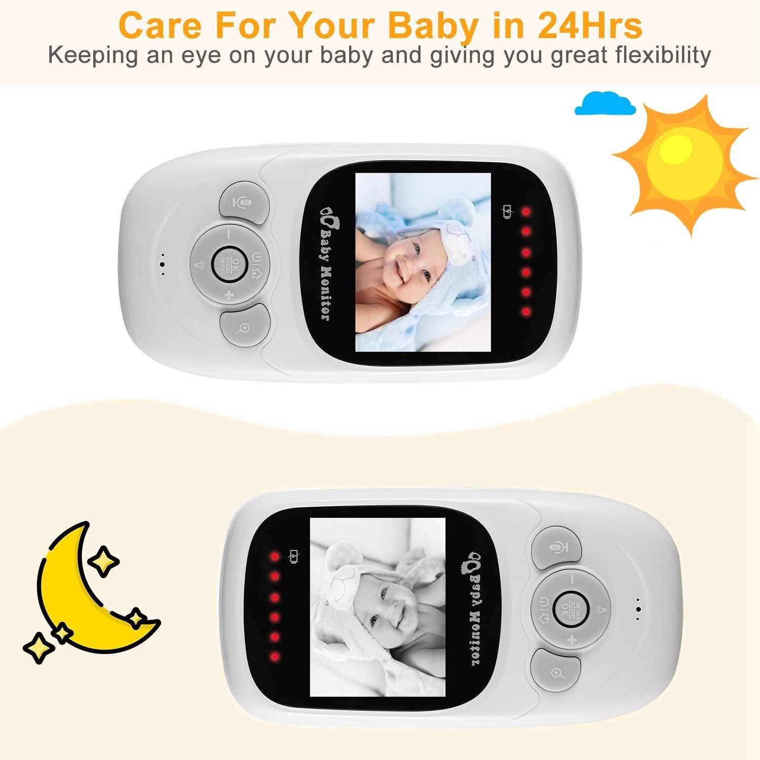 White wireless baby video monitor with handheld screen showing a baby photo