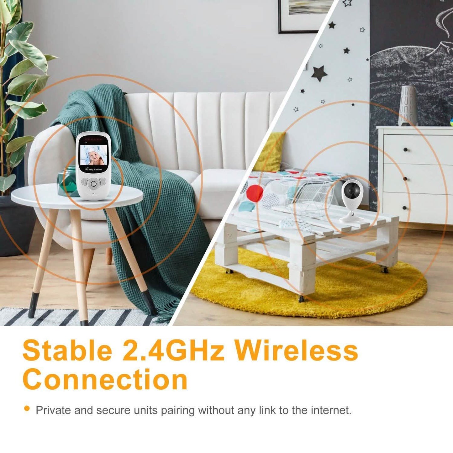White baby monitor system with handheld unit and desk-mounted camera for viewing