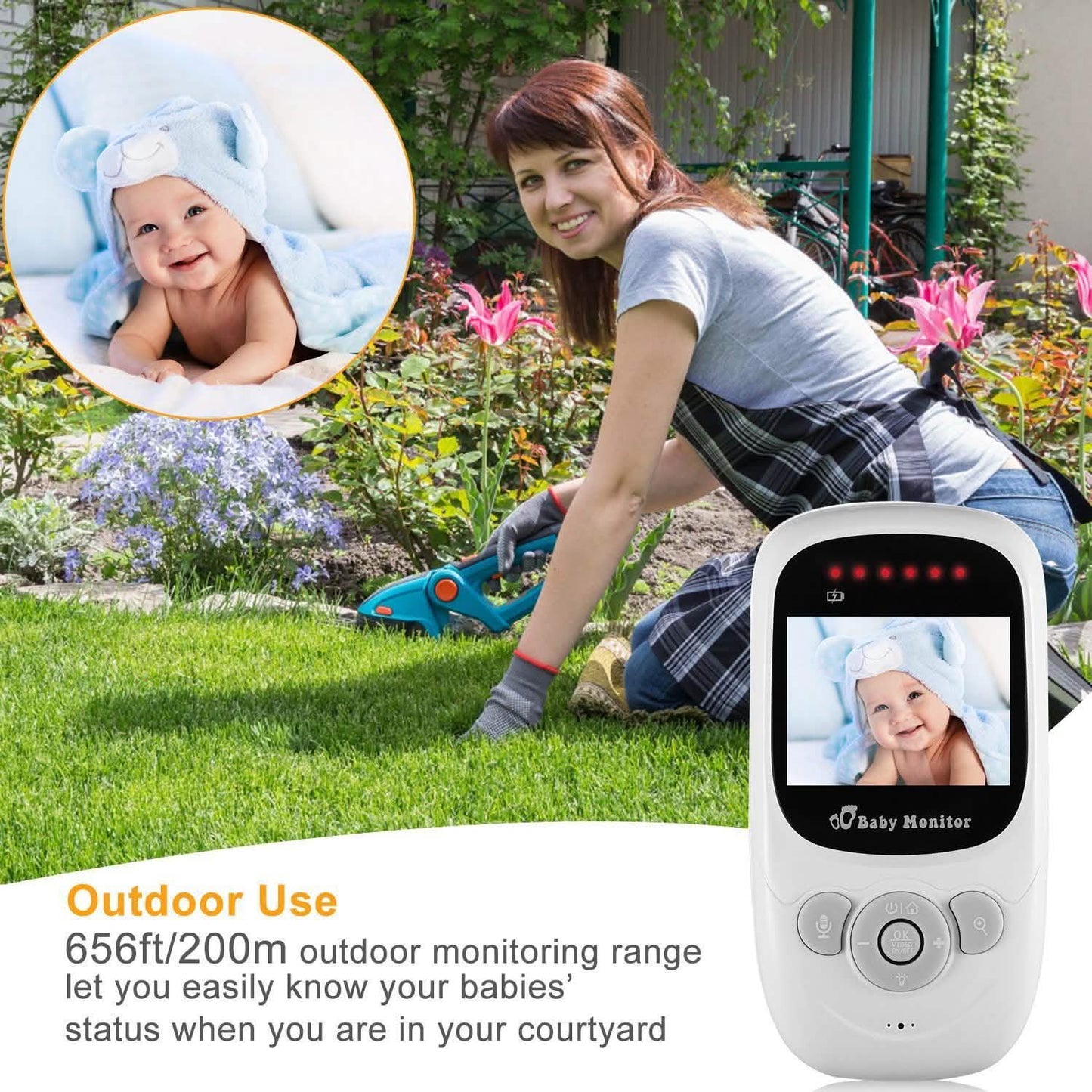 White baby monitor handheld unit with screen showing a baby photo