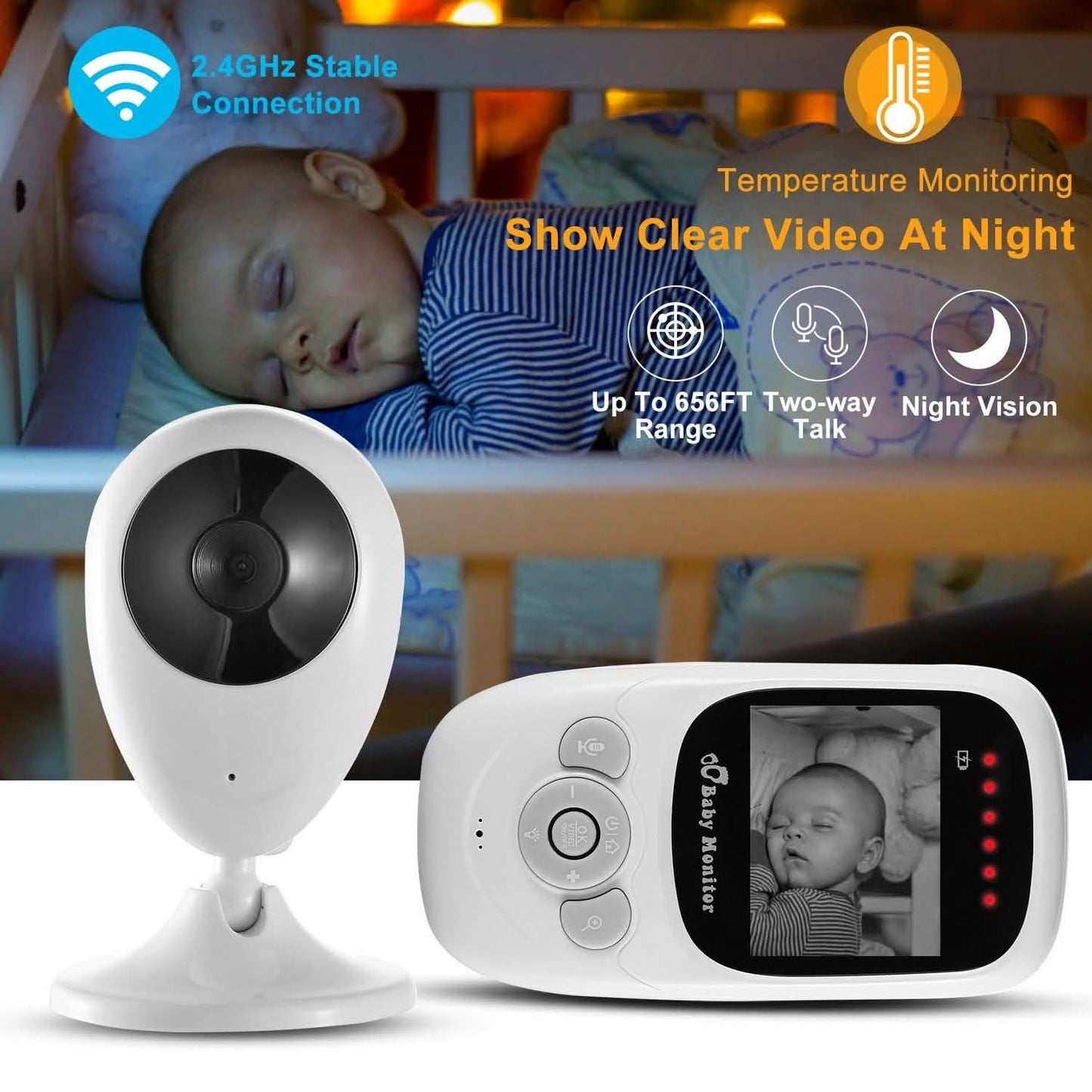 White baby monitor camera on stand and handheld display showing baby in grayscale