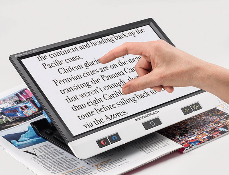 XL FHD digital monitor on stand; hand touches screen menu with icons