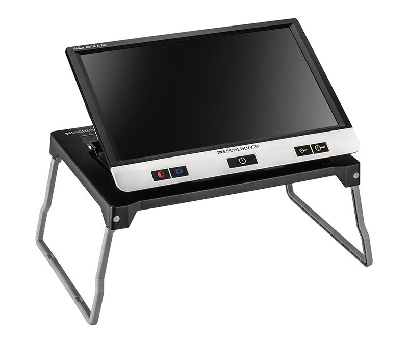XL FHD digital monitor with dark blank screen on tripod-style folding stand