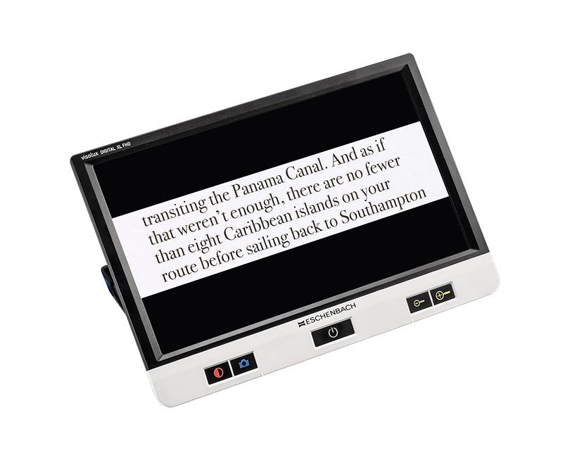 XL FHD digital monitor on white base, portrait-tilted screen with on-screen text