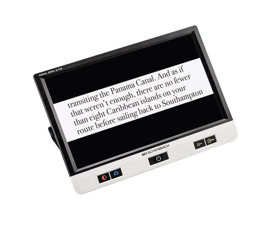 XL FHD digital monitor on white base, portrait-tilted screen with on-screen text
