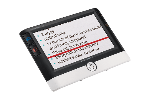 Visolux Digital e-reader-style tablet with recipe text on screen and circular power button