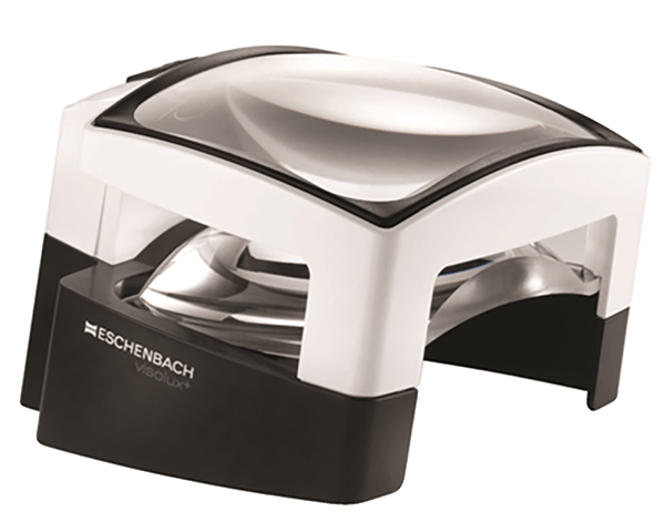 Visolux+ desktop magnifier with white housing and black base, flip-up cover