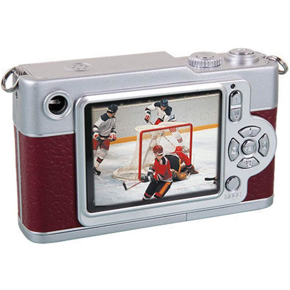 Retro digital camera with rear LCD screen showing hockey players, red side panel.