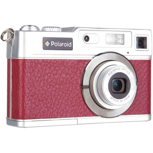 Retro digital camera with red leatherette body and silver lens ring, front view.
