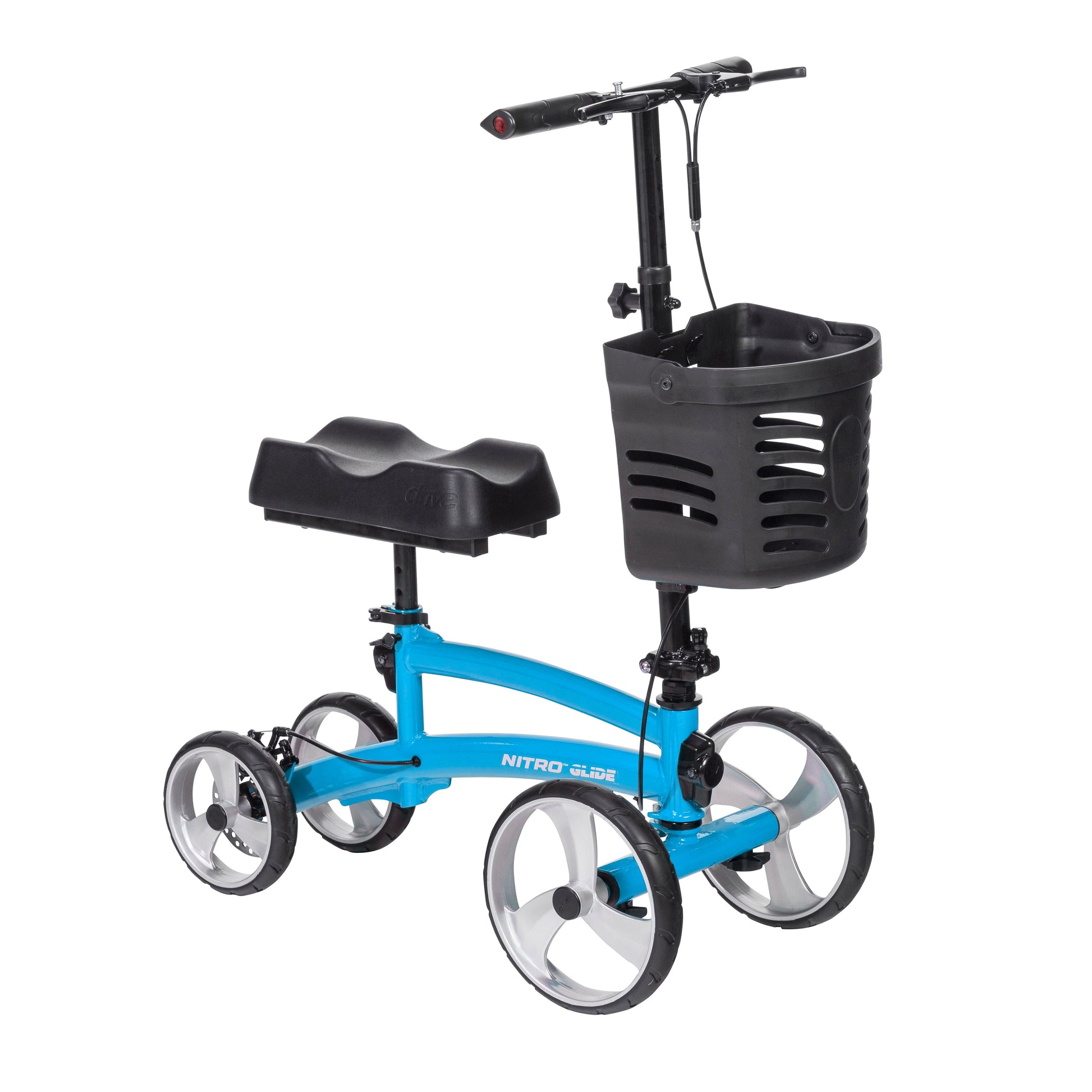 Blue knee scooter with black seat pad, front basket, and three-wheel frame