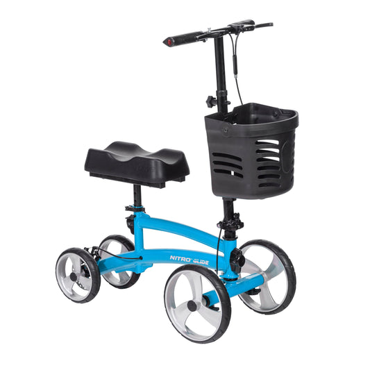 Blue knee scooter with black seat pad, front basket, and three-wheel frame