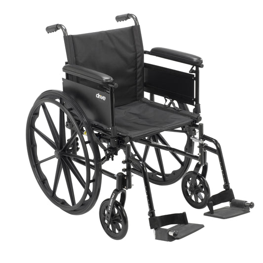Black lightweight wheelchair with padded armrests and swing-away footrests, large wheels