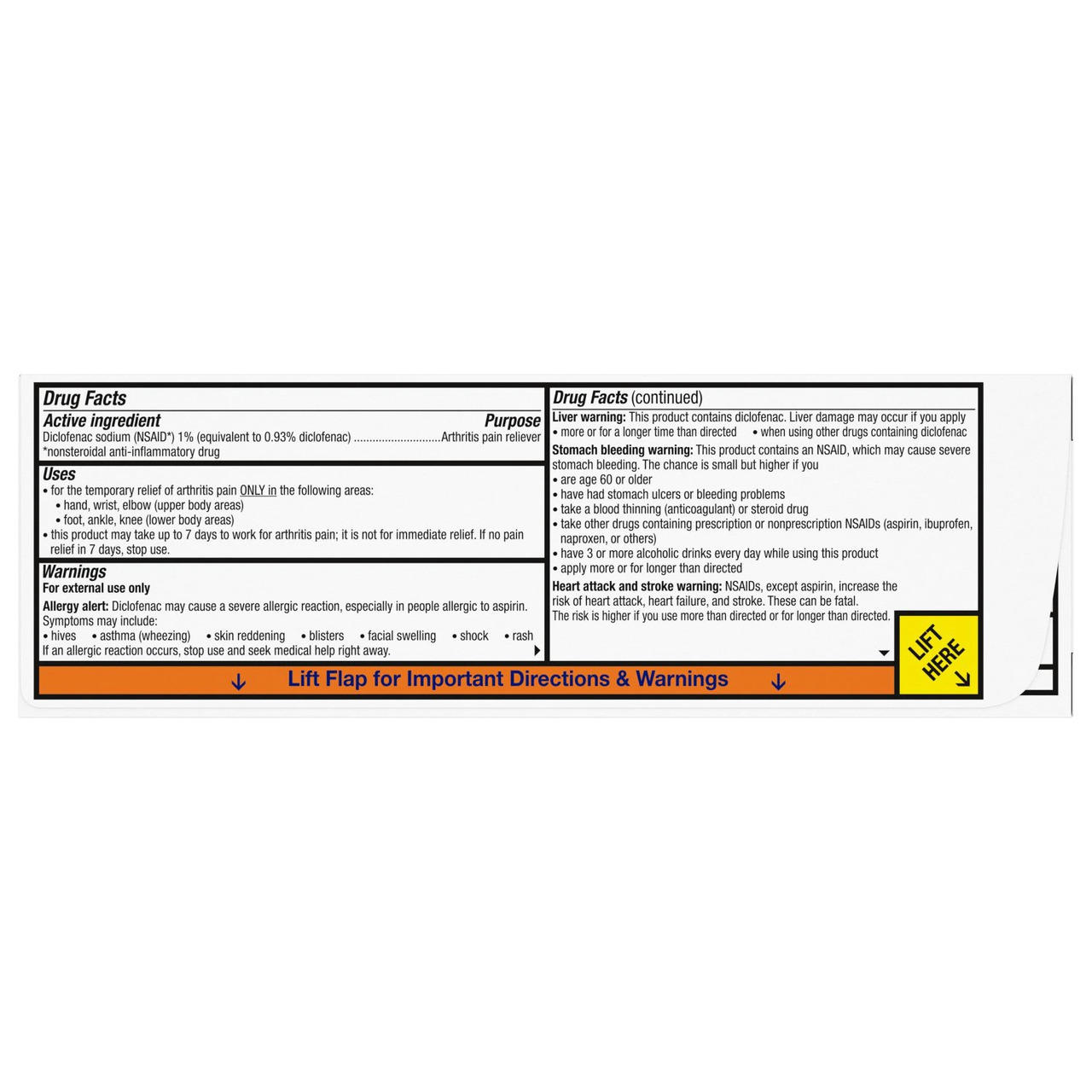 Voltaren Arthritis Pain gel box back with Drug Facts and directions panels