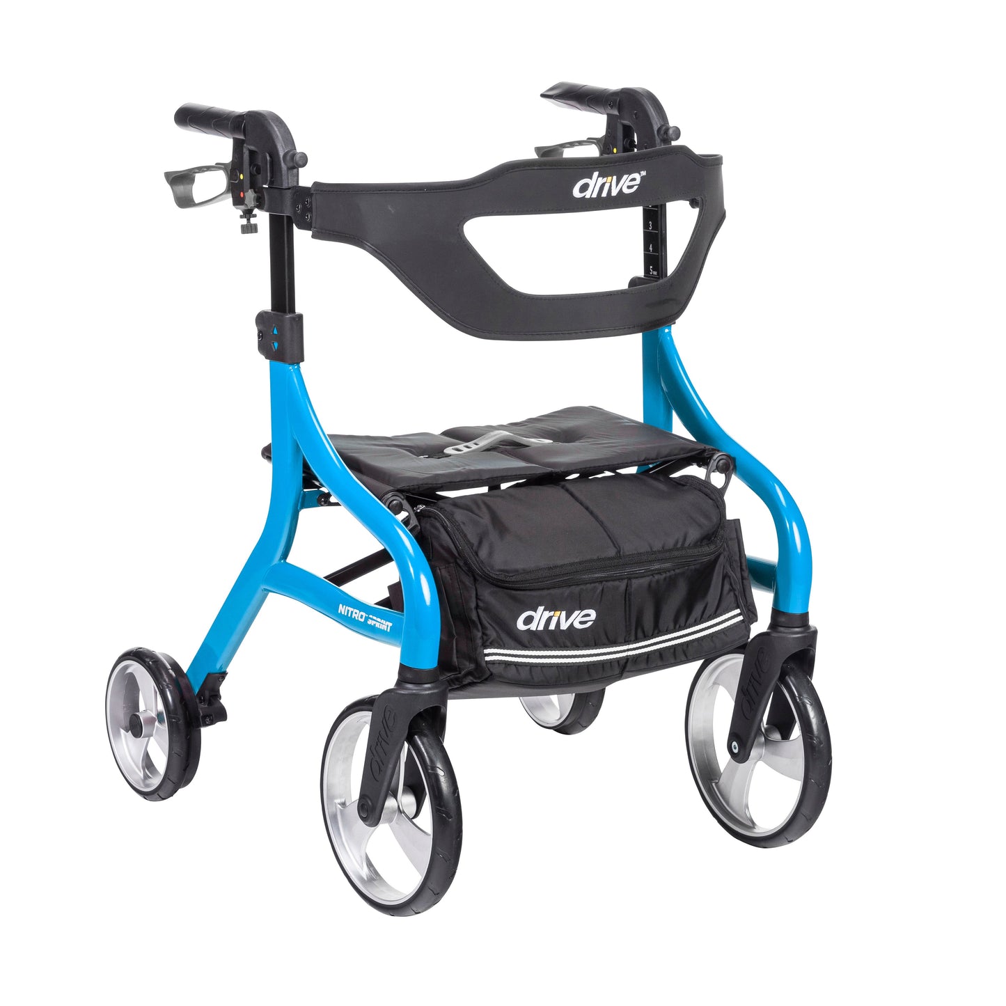 Blue rollator rolling walker with black seat and back, four wheels, and front storage bag