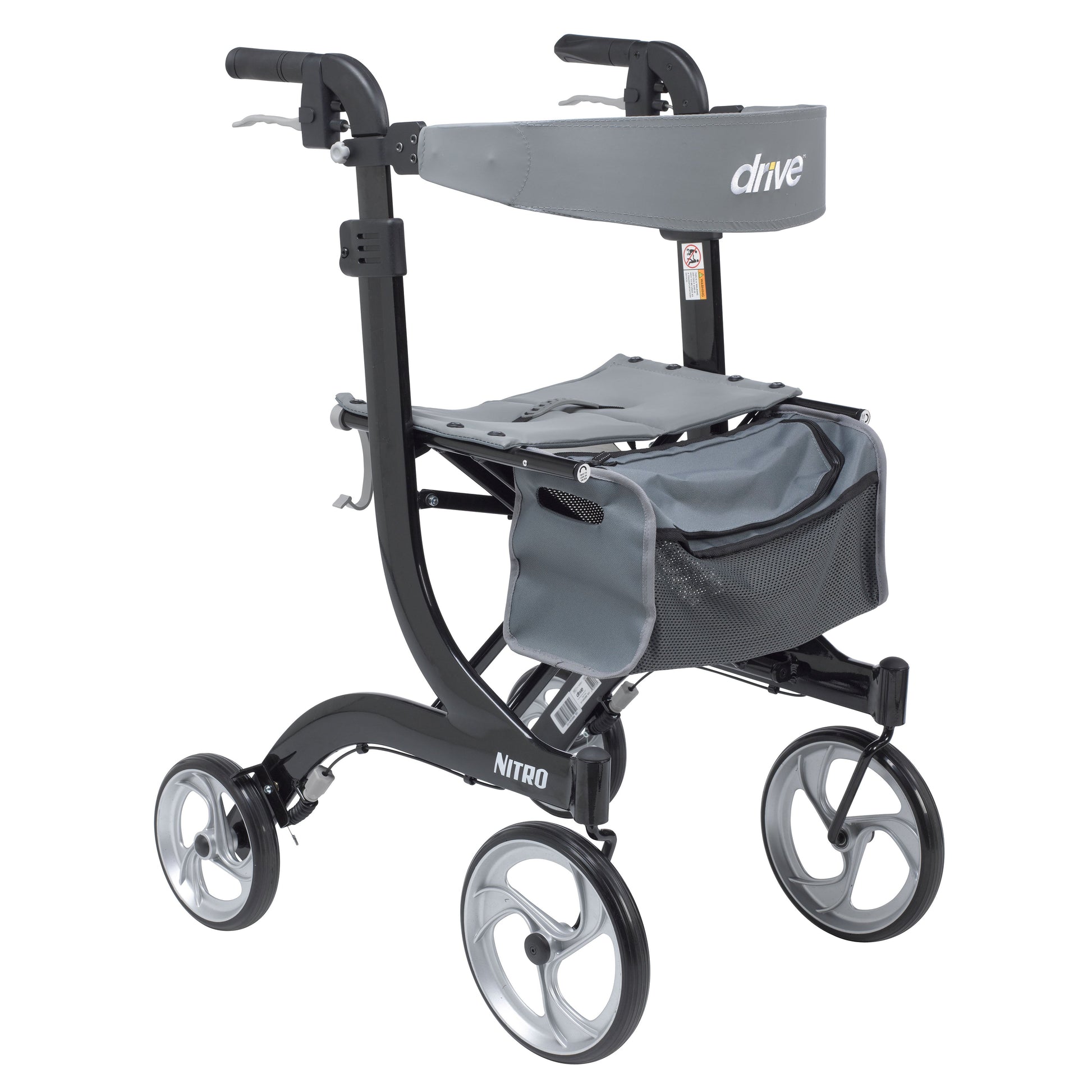 Tall black rollator walker with 4 wheels, seat, and front pouch bag