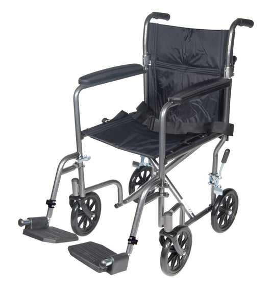 Lightweight transport wheelchair with fixed full arms, black seat and dual footrests