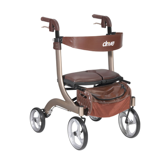 Champagne rollator rolling walker with padded seat and storage bag