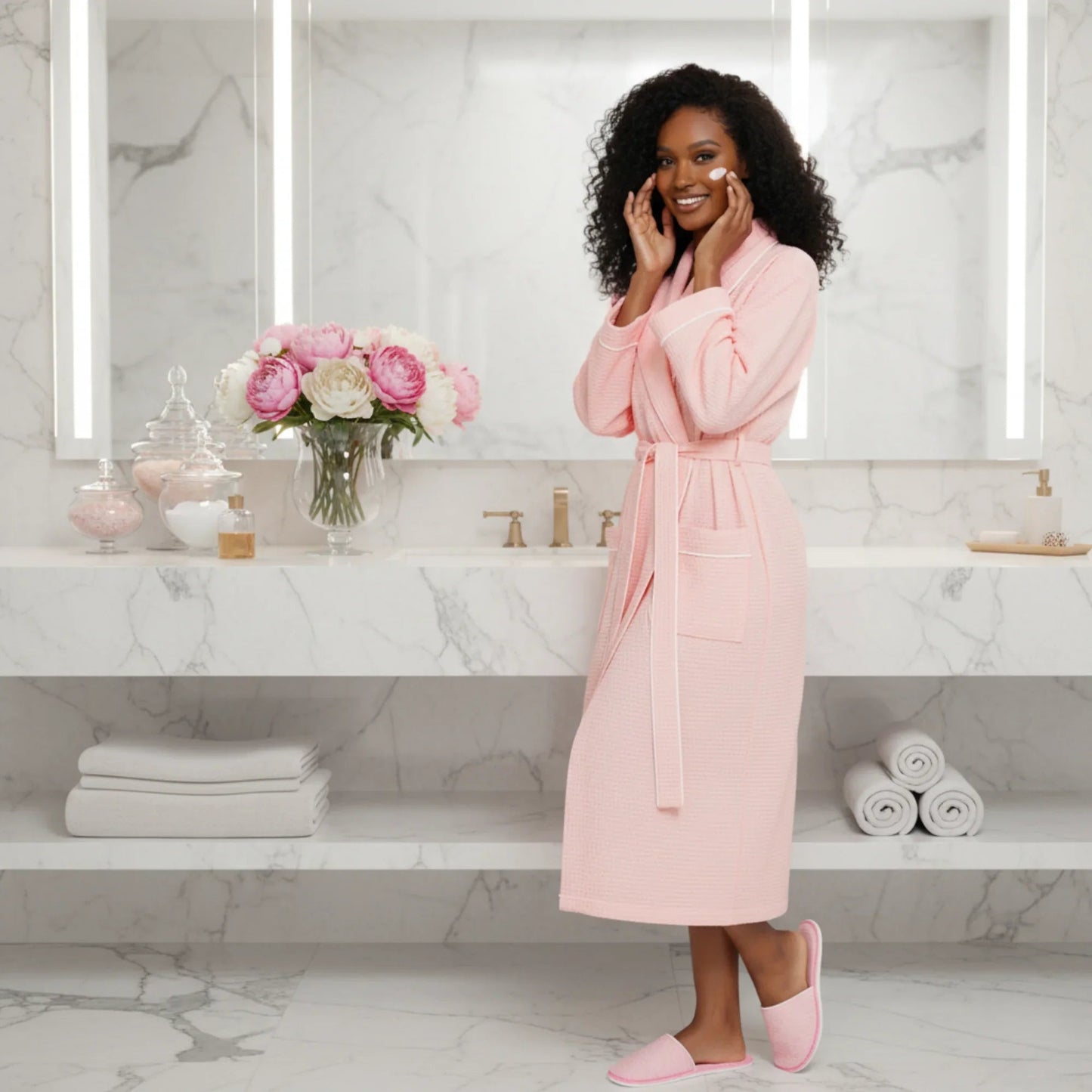 Women's waffle bathrobe in blush pink with contrast trim, tie belt, long sleeves