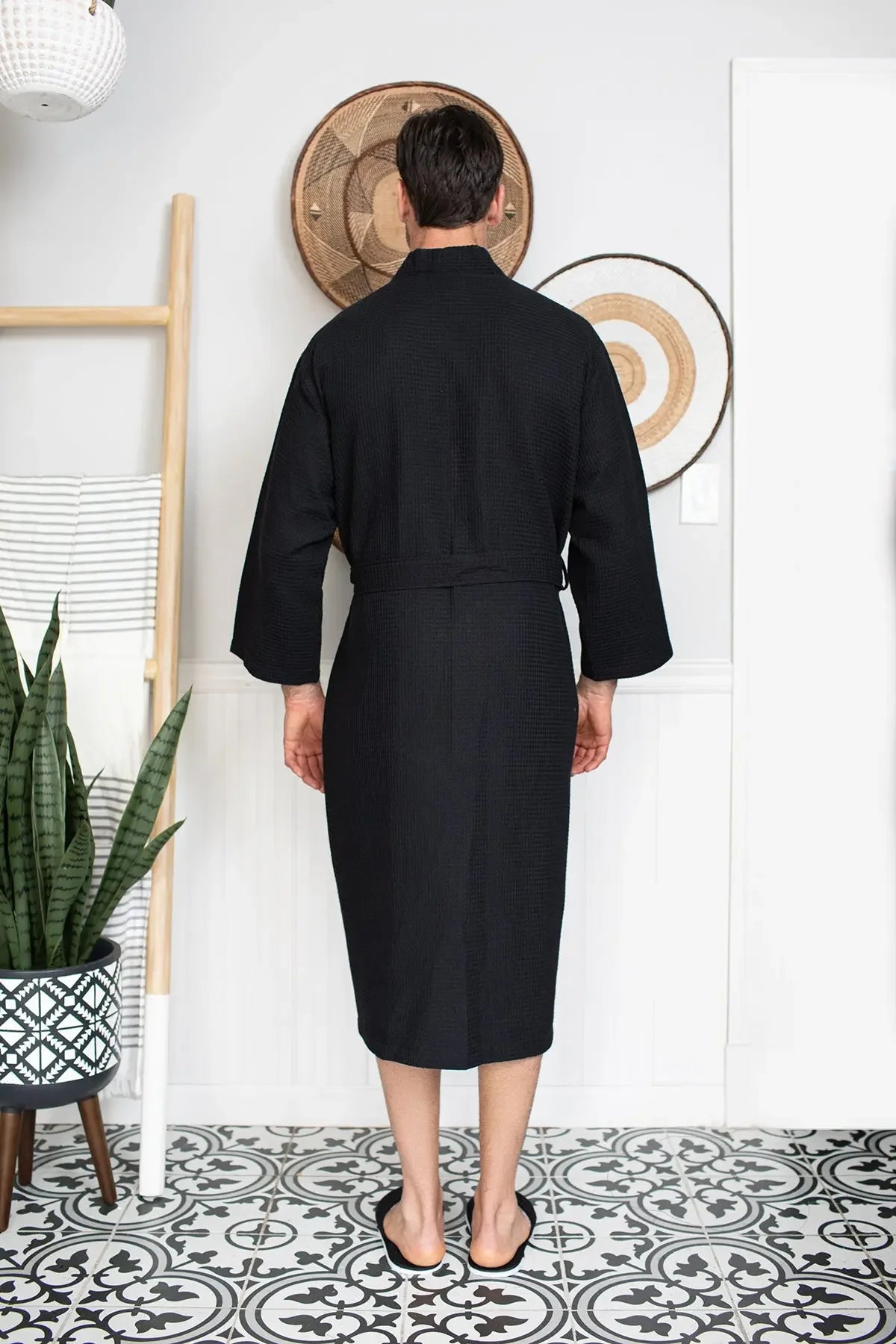 Men's waffle spa bathrobe, black, belted wrap with shawl collar (back view)