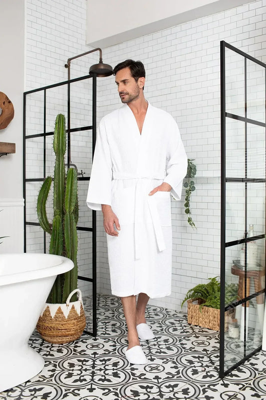 Men’s white waffle bathrobe with V-neck and belt tie, mid-calf long sleeves