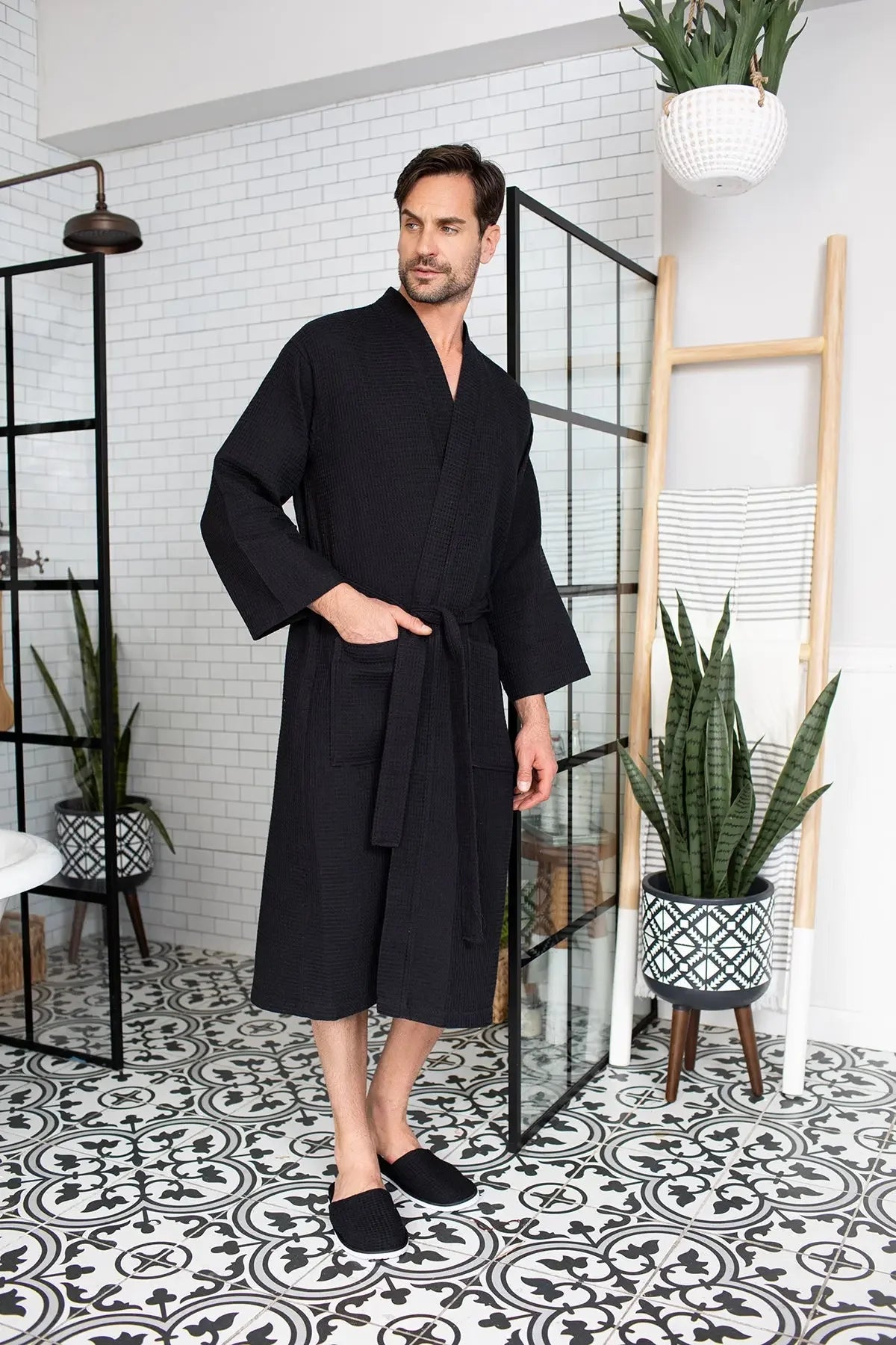 Men’s black waffle bathrobe with V-neck and waist belt tie, mid-calf long sleeves