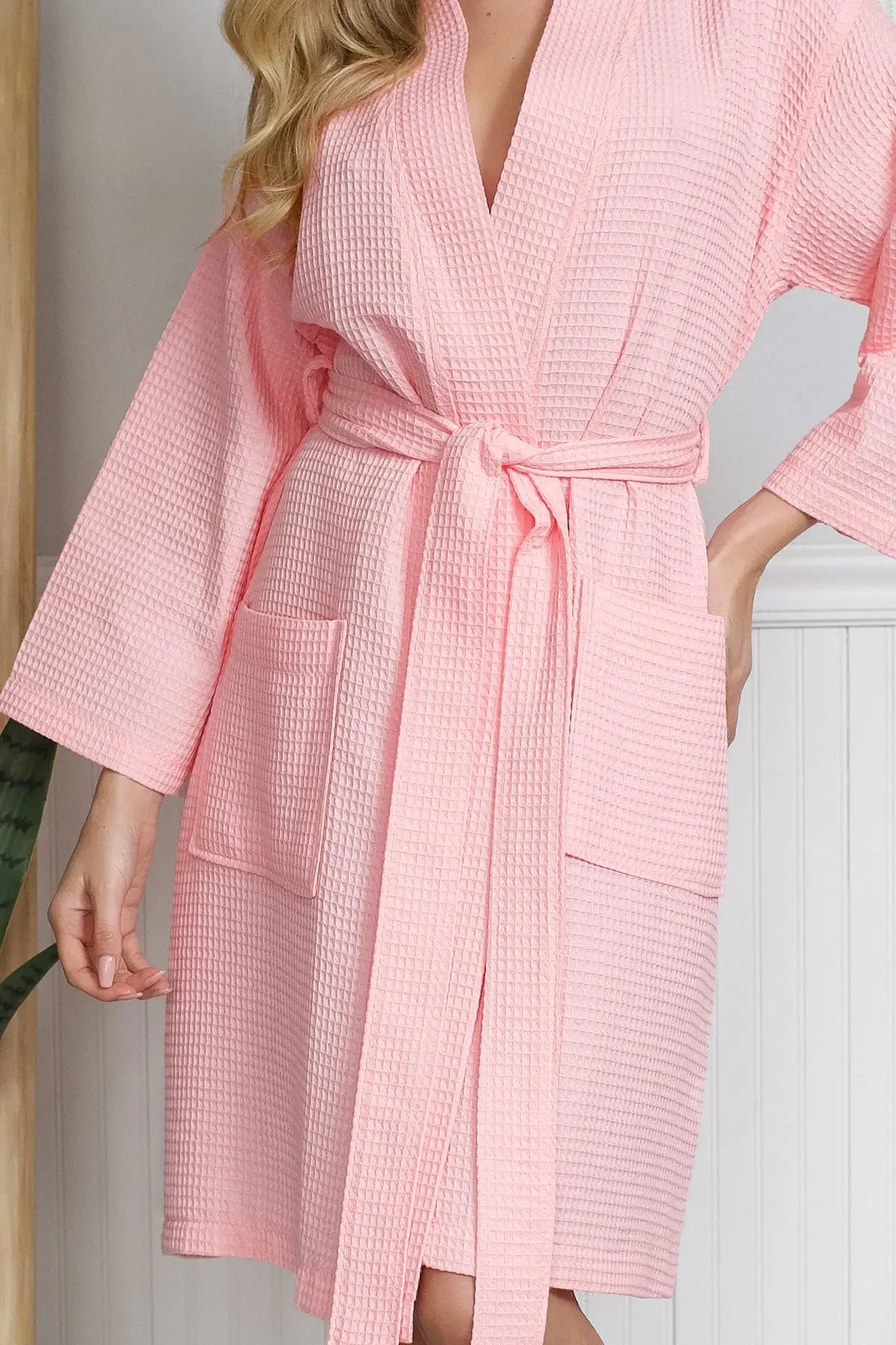 Blush pink waffle robe, V-neck with waist tie and long belted sleeves