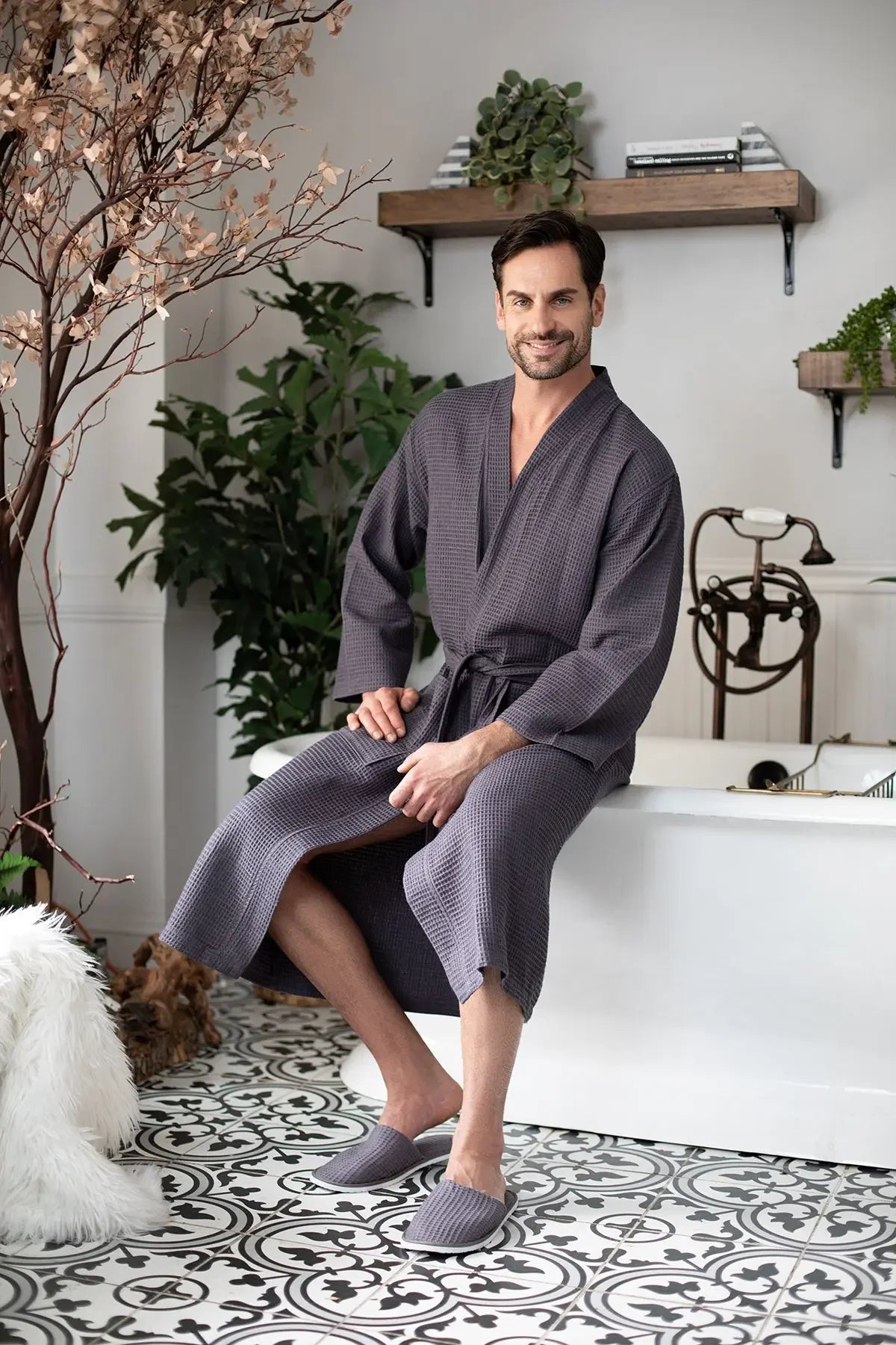 Men’s dark grey waffle bathrobe with V-neck and belt tie, mid-calf long sleeves