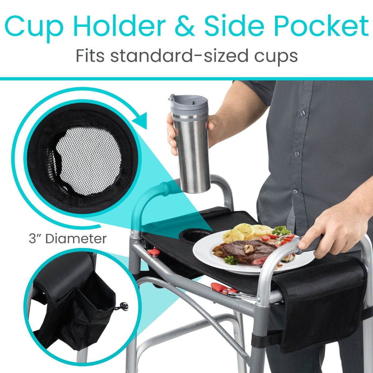 Walker cup holder with mesh insert plus side pocket on black tray for standard cups