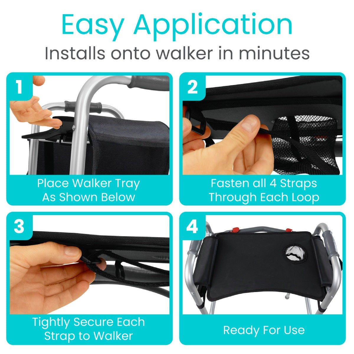 Walker tray with adjustable strap loops for secure attachment to a walker frame