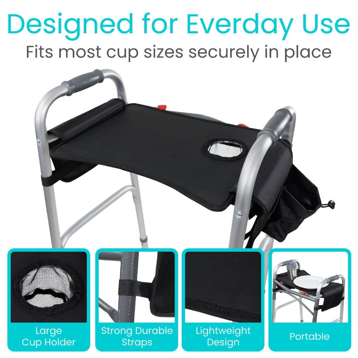 Black walker tray with large cup holder opening and side pocket storage