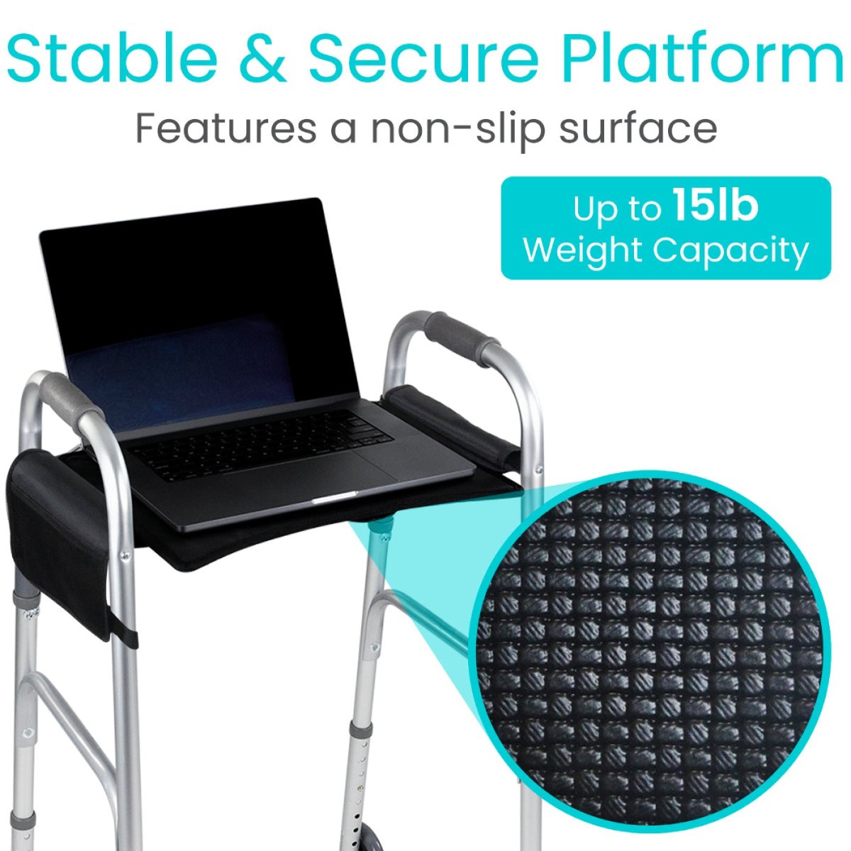 Walker tray attachment with black non-slip surface and built-in mesh cup holder