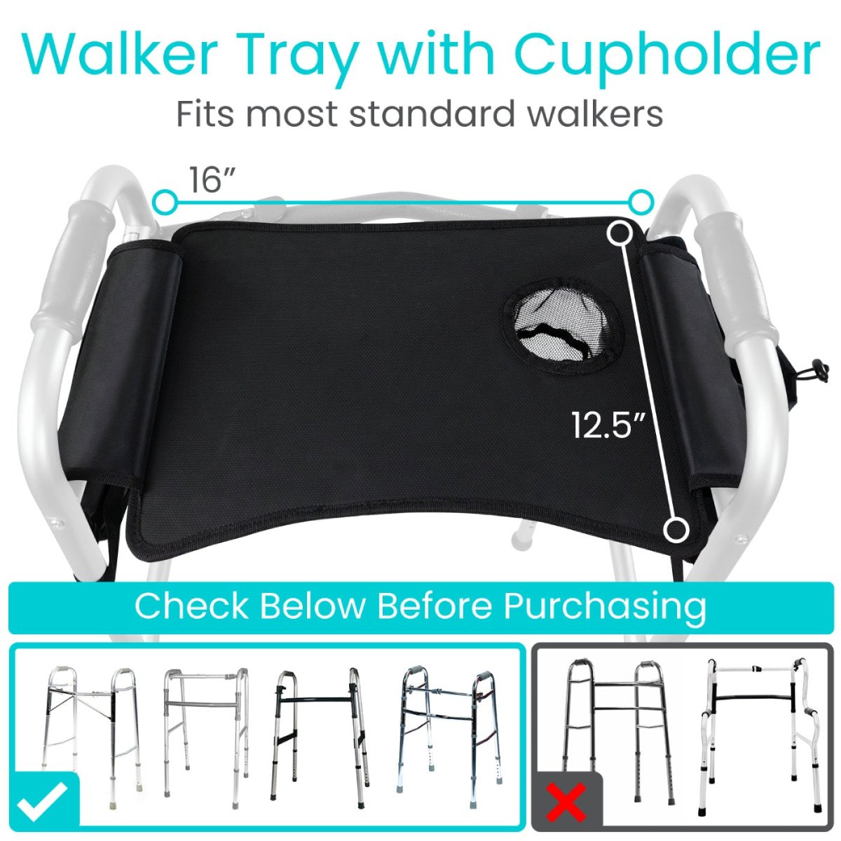 Black walker tray with side pockets and cup-holder mesh insert