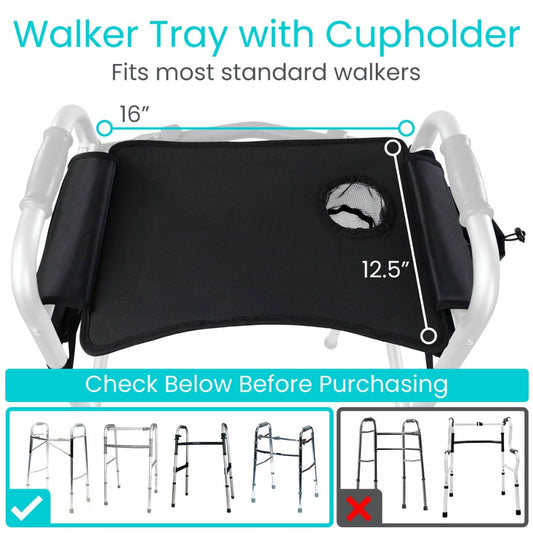 Black walker tray with side pockets and cup-holder mesh insert