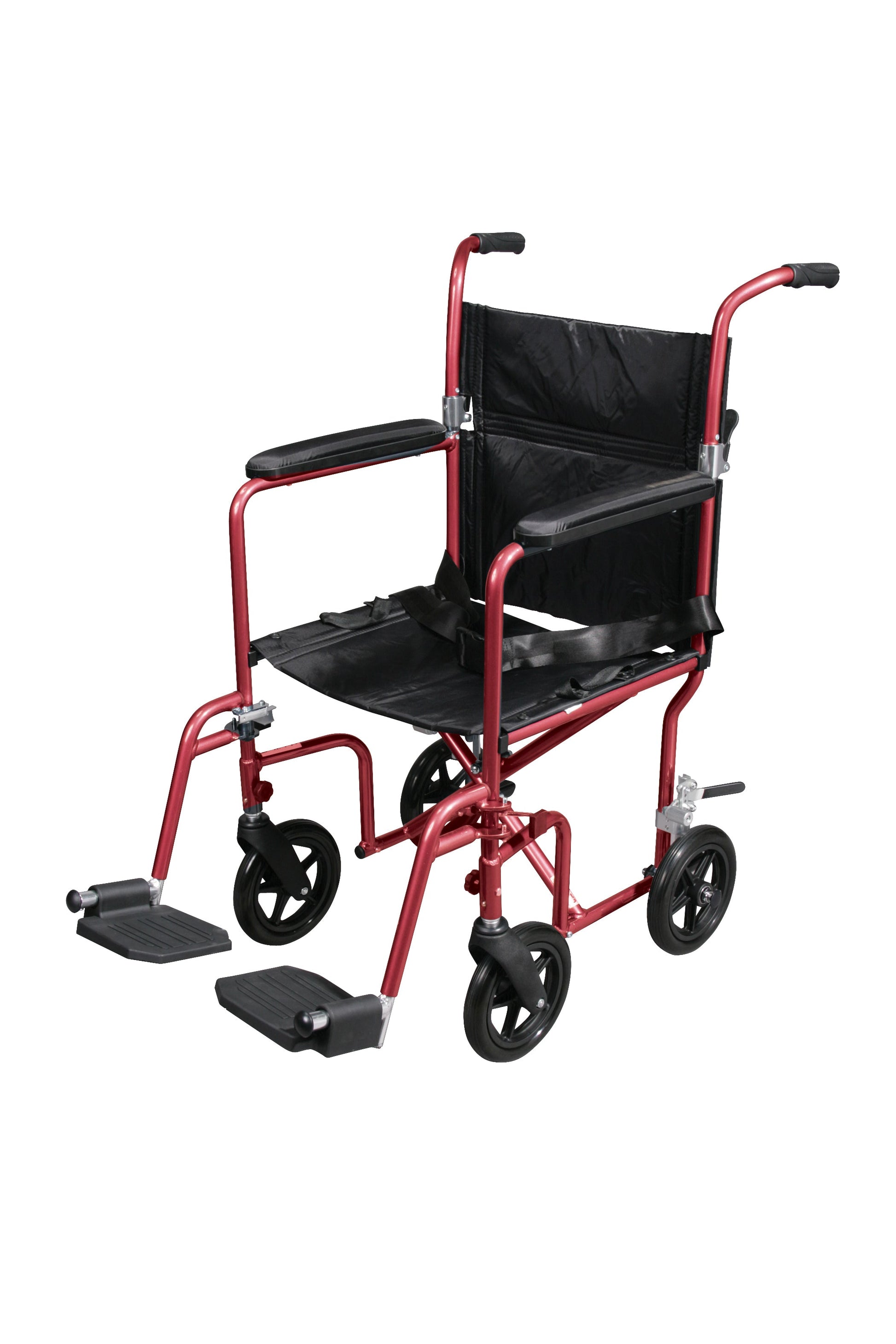 Red transport wheelchair with black seat and back, padded armrests, and footrests