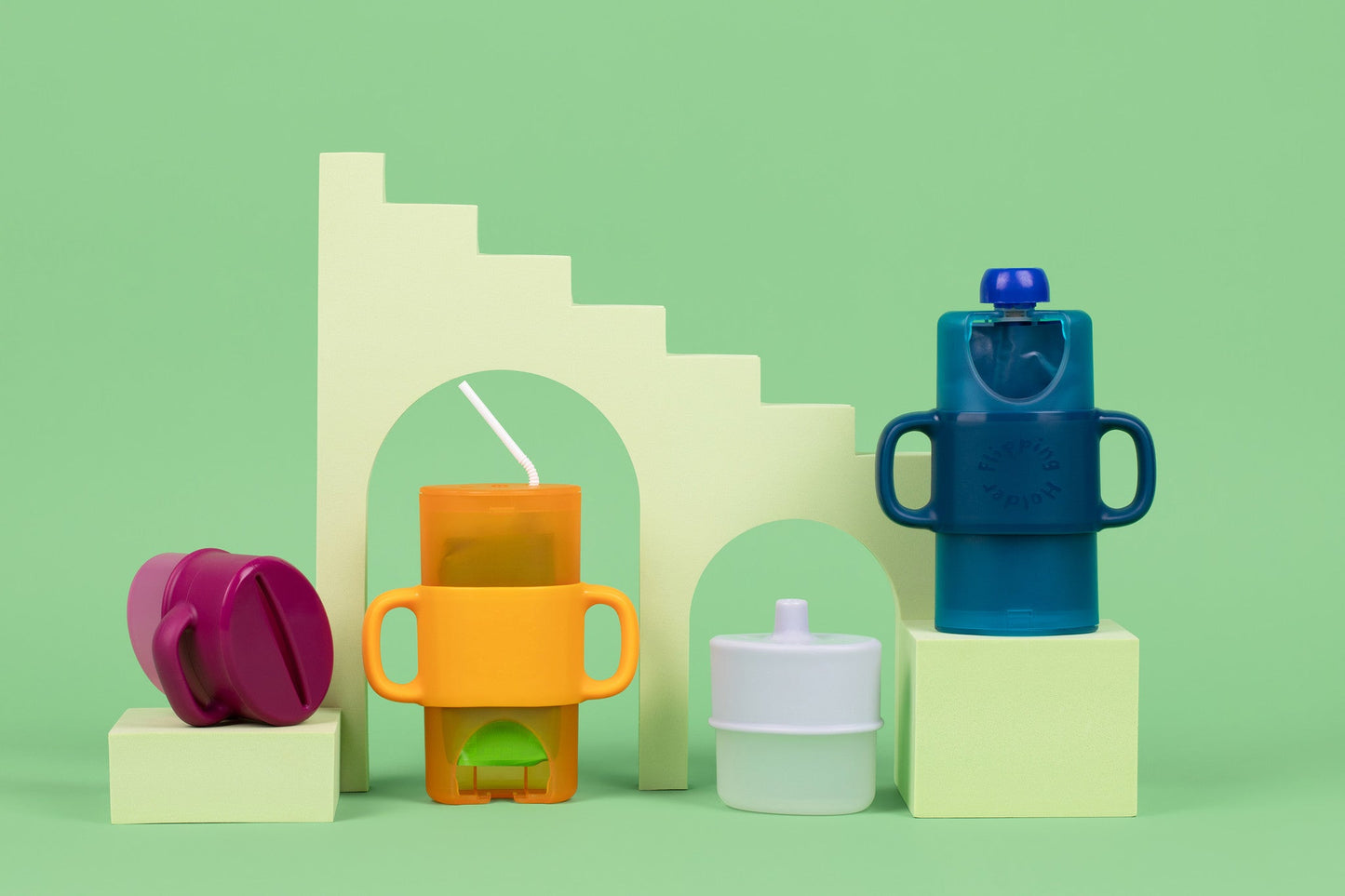 4-in-1 sip & snack set with blue juice box holder, snack cup, and food pouch.