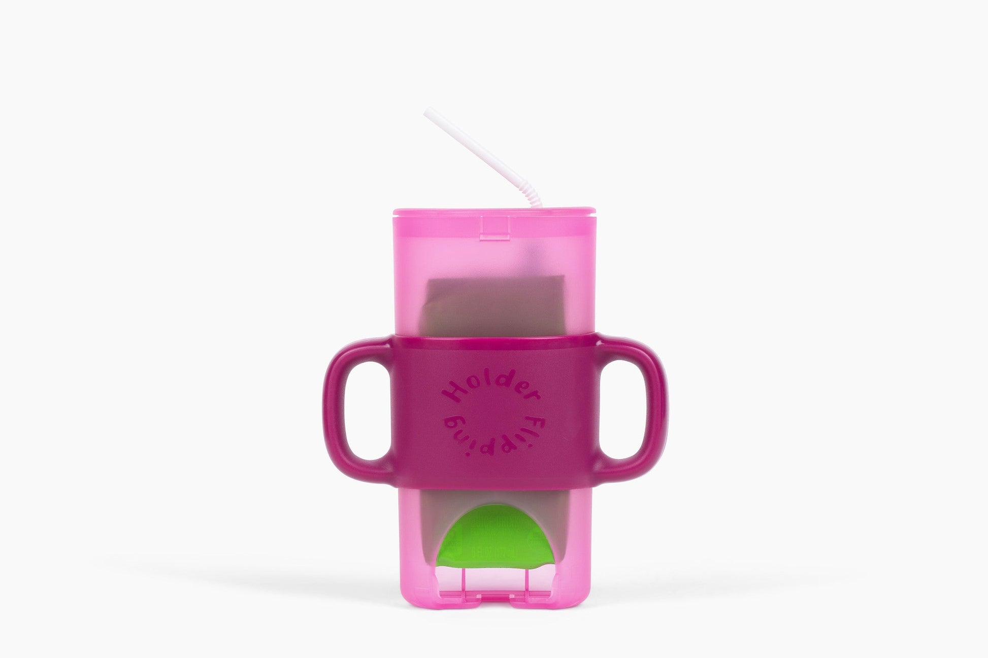 Pink 4-in-1 sip & snack holder with straw, open spout, and green insert.