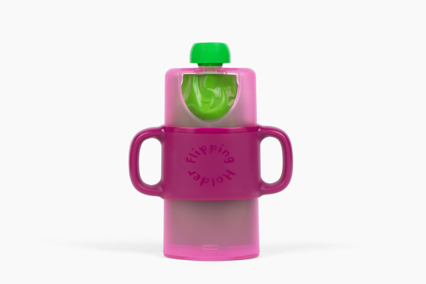 Pink 4-in-1 sip & snack holder with green spout insert and side handles.