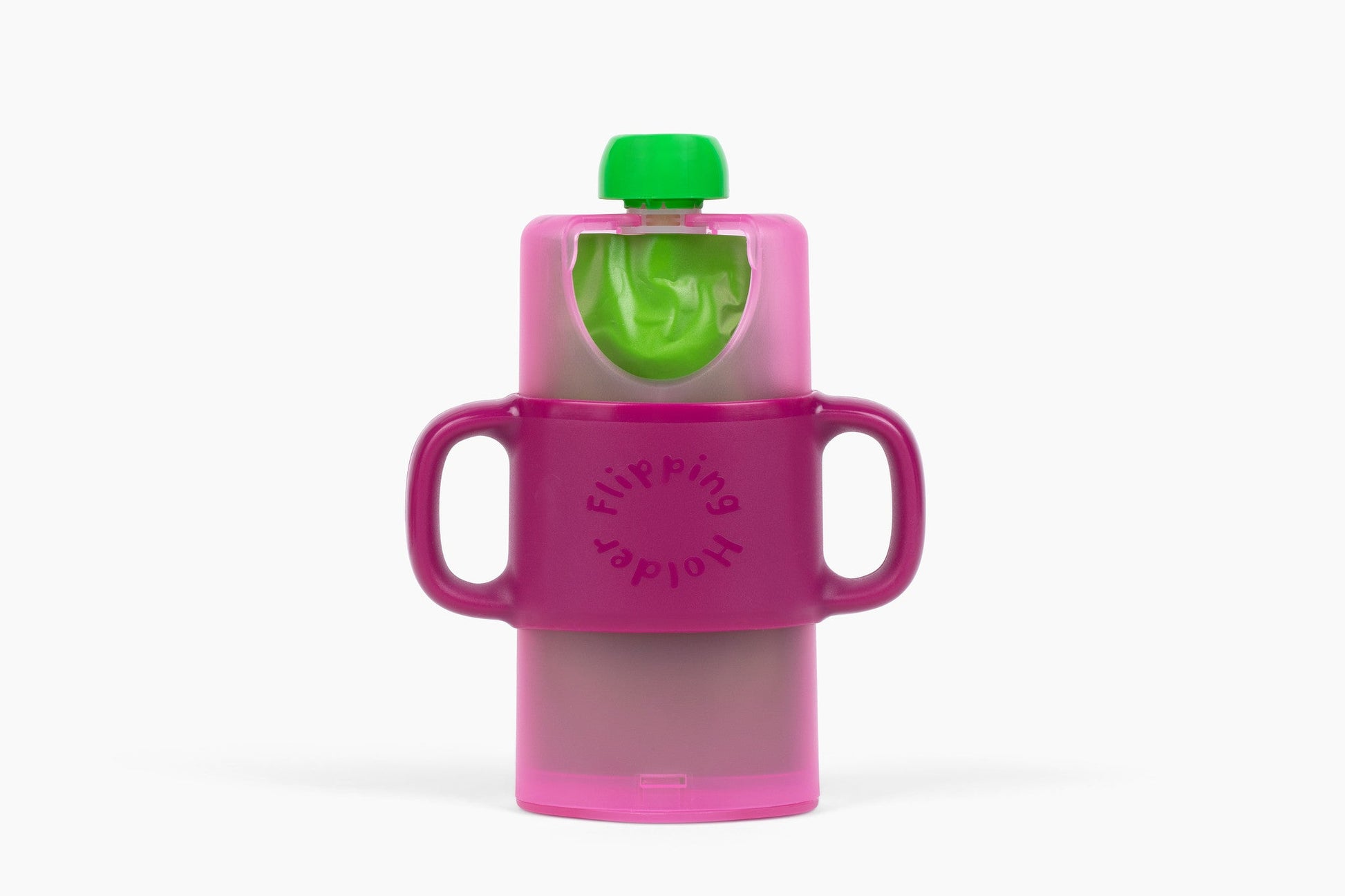 Pink 4-in-1 sip & snack holder with green spout insert and side handles.
