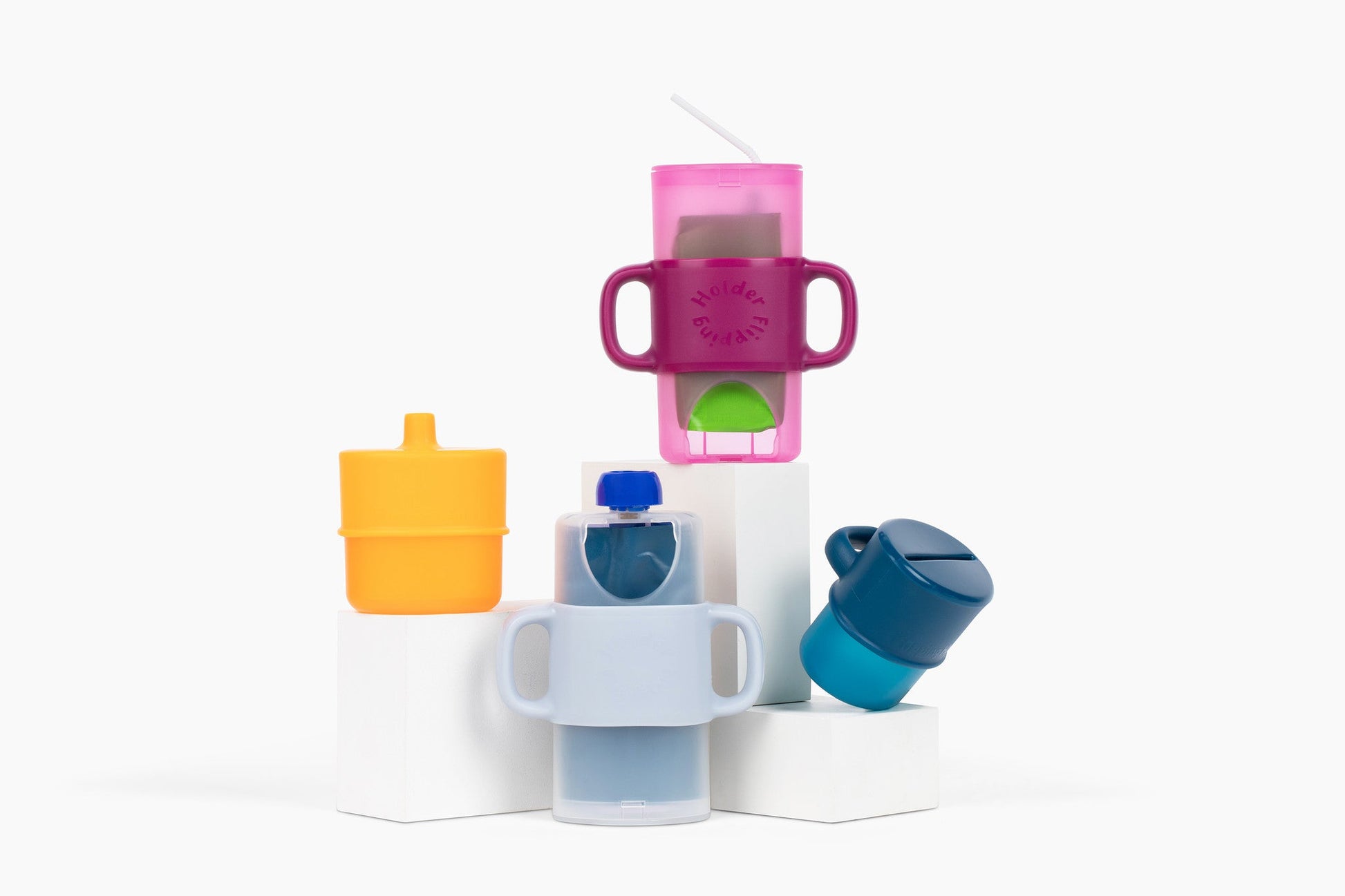 4-in-1 sip & snack set with pink juice box holder, snack cup, and food pouch.