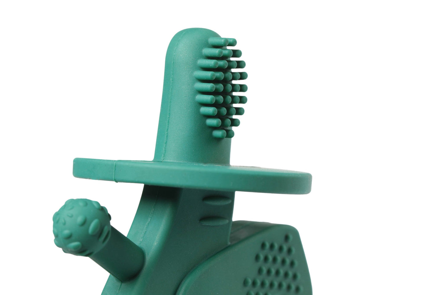 Teal dog toothbrush with handle and bristles on a white background