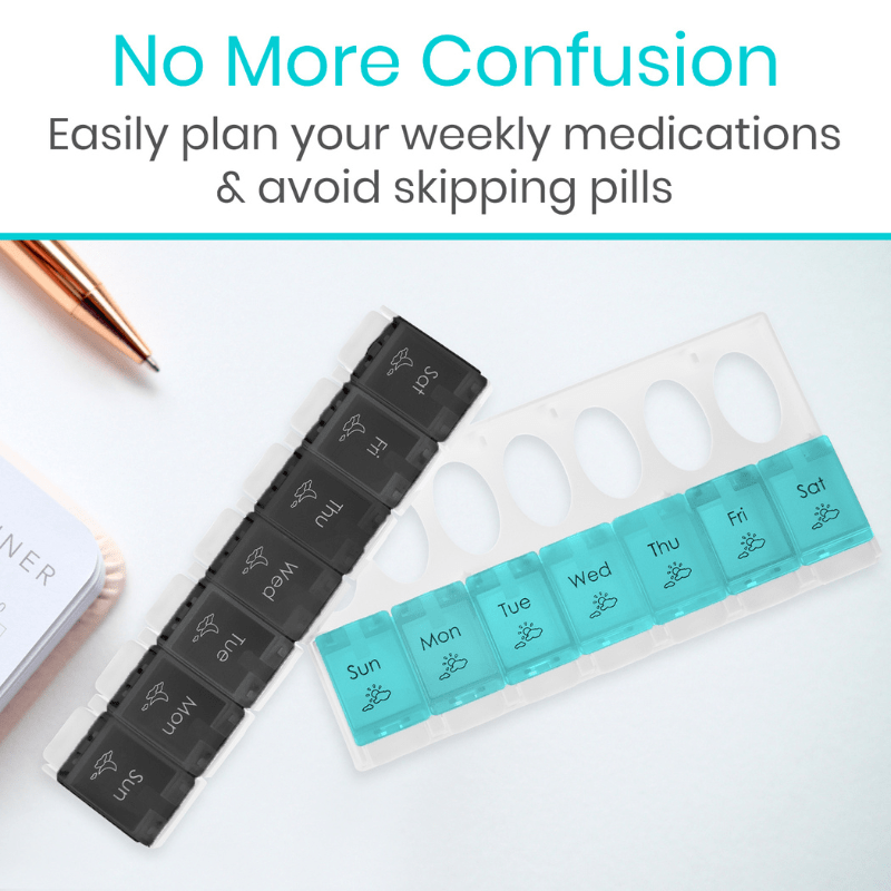 AM/PM pill organizer with turquoise weekday row and separate black evening row