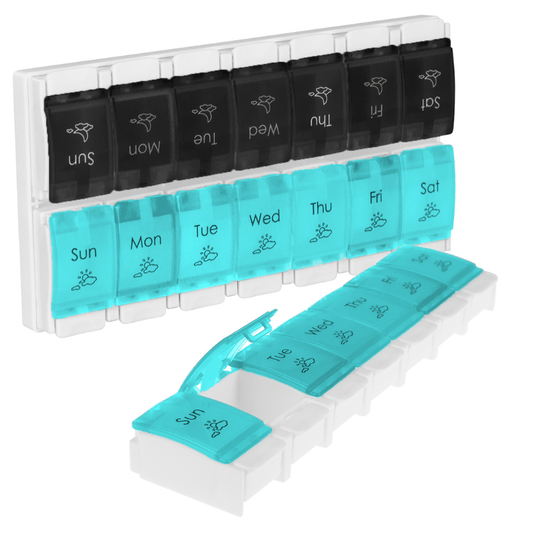 Weekly AM/PM push-button pill organizer with black and turquoise day compartments