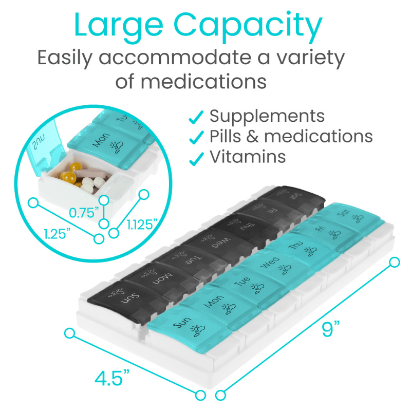 Weekly AM/PM pill planner with spacious tray sections for multiple tablets and capsules