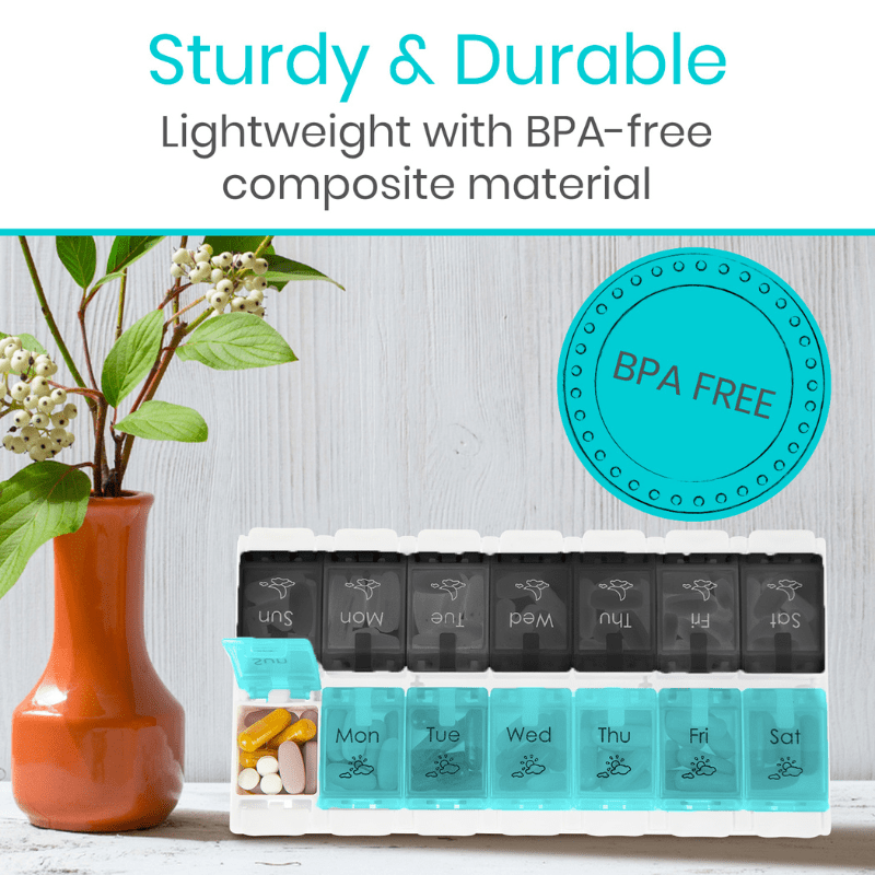 Sturdy weekly pill organizer with BPA-free badge and black/turquoise labeled compartments