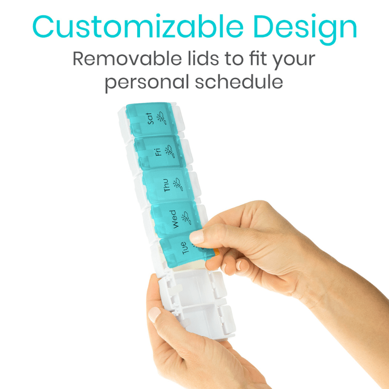 Weekly pill case with removable lids; hands adjust turquoise day inserts