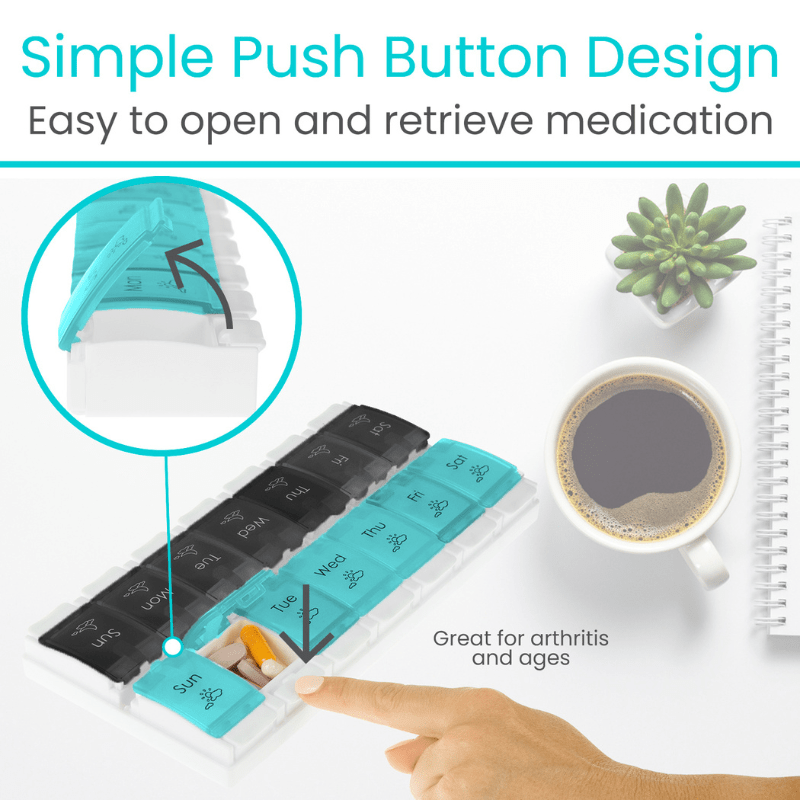Turquoise and black weekly pill organizer with push-button style compartments