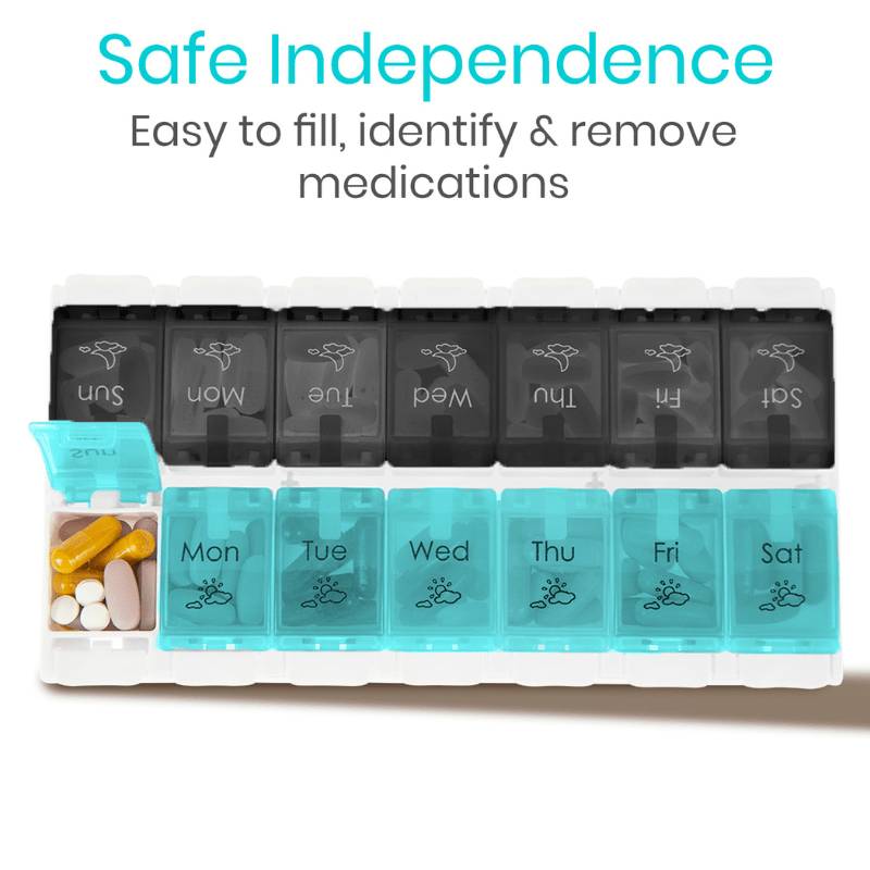 Weekly AM/PM pill planner with labeled Mon–Sat compartments and filled section