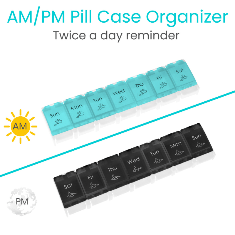 AM/PM weekly pill case with turquoise (AM) and black (PM) day compartments