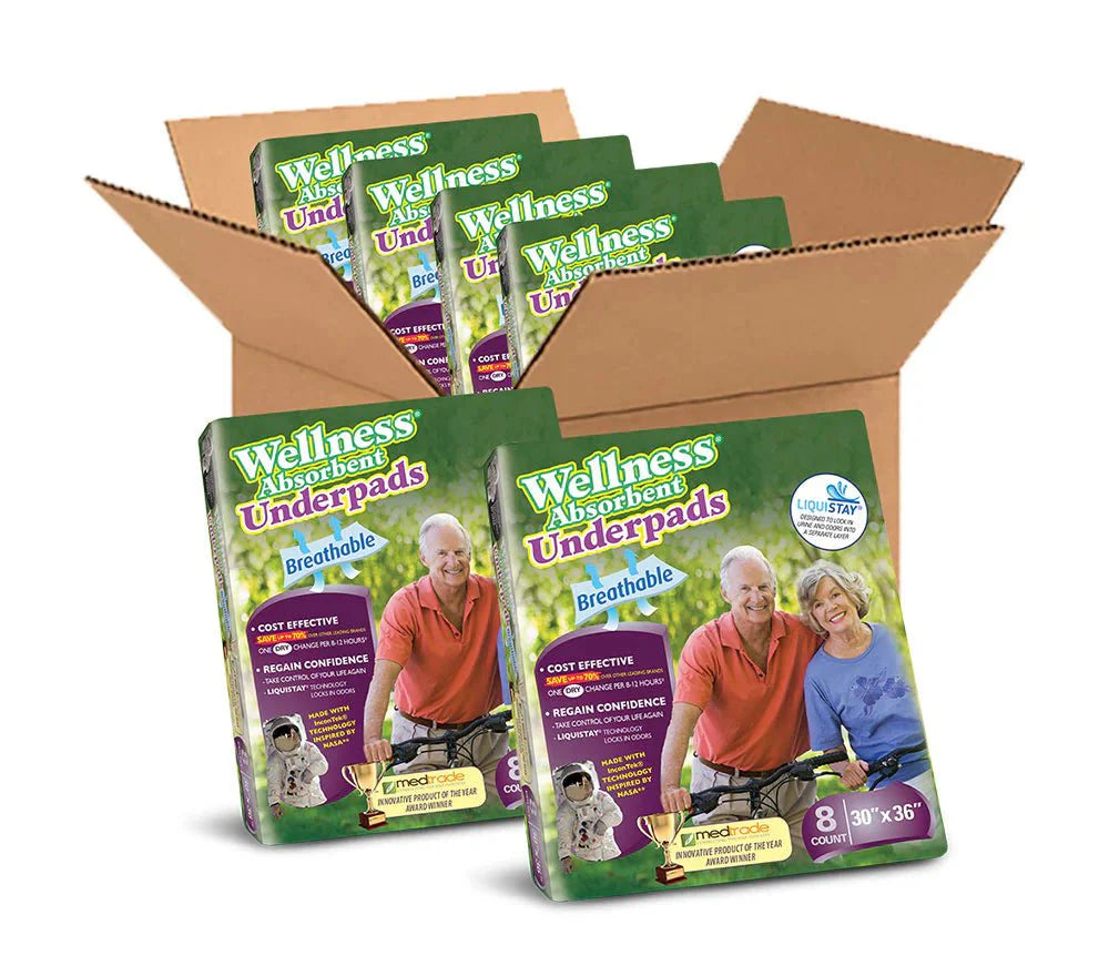 Wellness absorbent underpad case with multiple packs, breathable 30"x36"