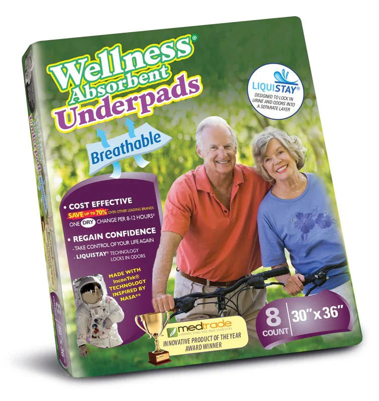 Wellness absorbent underpad pack of 8, 30"x36", breathable design