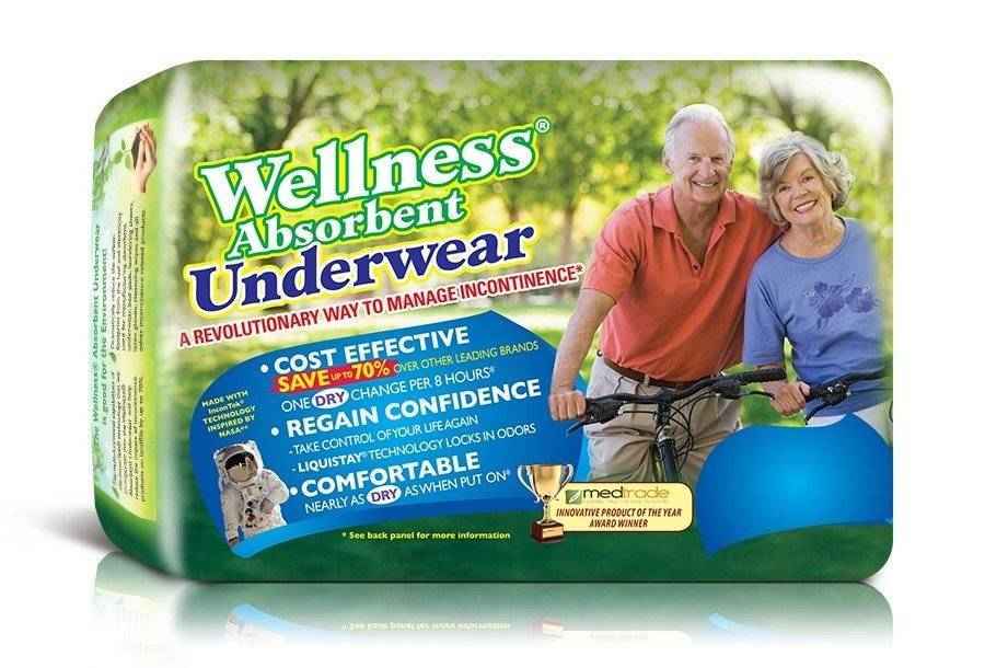Wellness absorbent underwear package front, disposable protective briefs for incontinence